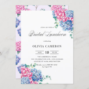 Watercolor Pink & Blue Hydrangeas Bridal Luncheon Invitation
