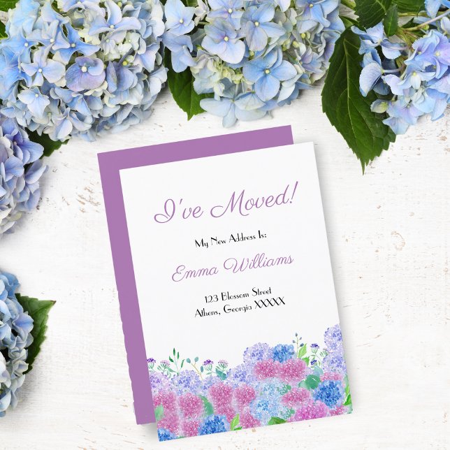 Watercolor Pink & Blue Hydrangeas I've Moved Invitation (Creator Uploaded)