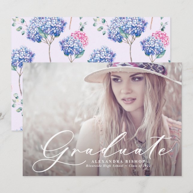 Watercolor Pink & Blue Hydrangeas Photo Graduation Invitation (Front/Back)