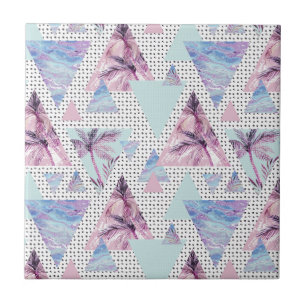 Watercolor Pink & Blue Palm Tree Pattern Ceramic Tile