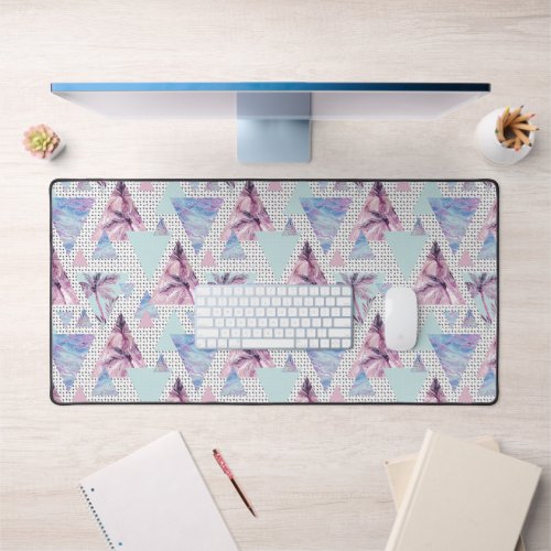 Watercolor Pink  Blue Palm Tree Pattern Desk Mat