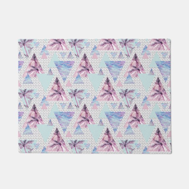 Watercolor Pink & Blue Palm Tree Pattern Doormat (Front)