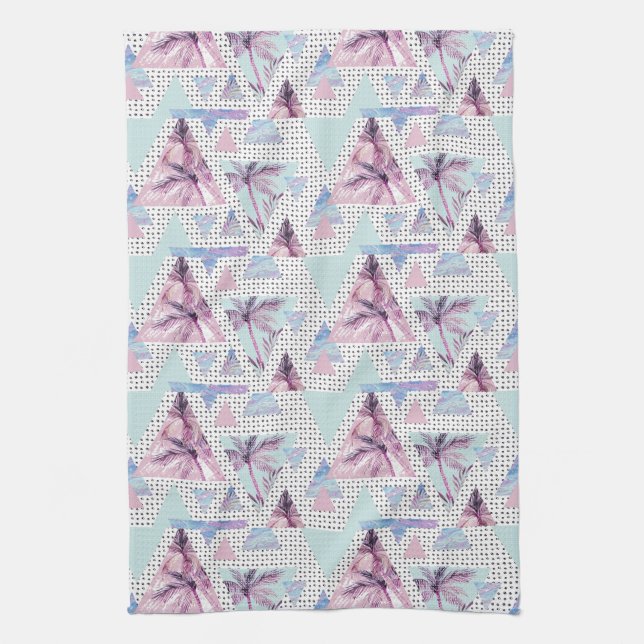 Watercolor Pink & Blue Palm Tree Pattern Kitchen Towel (Vertical)