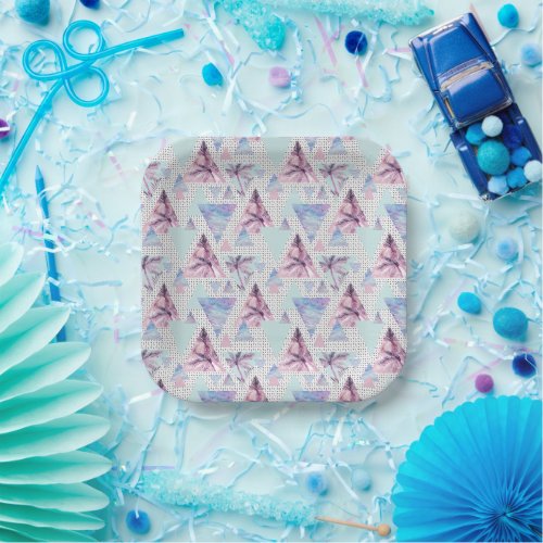 Watercolor Pink  Blue Palm Tree Pattern Paper Plates