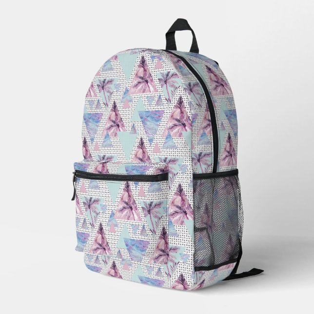 Watercolor Pink & Blue Palm Tree Pattern Printed Backpack (Back Corner Right)