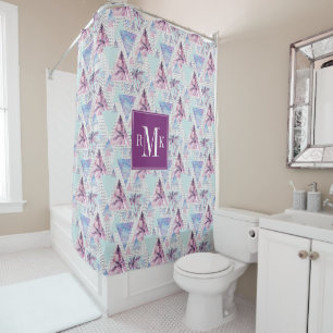 Watercolor Pink & Blue Palm Tree Pattern Shower Curtain