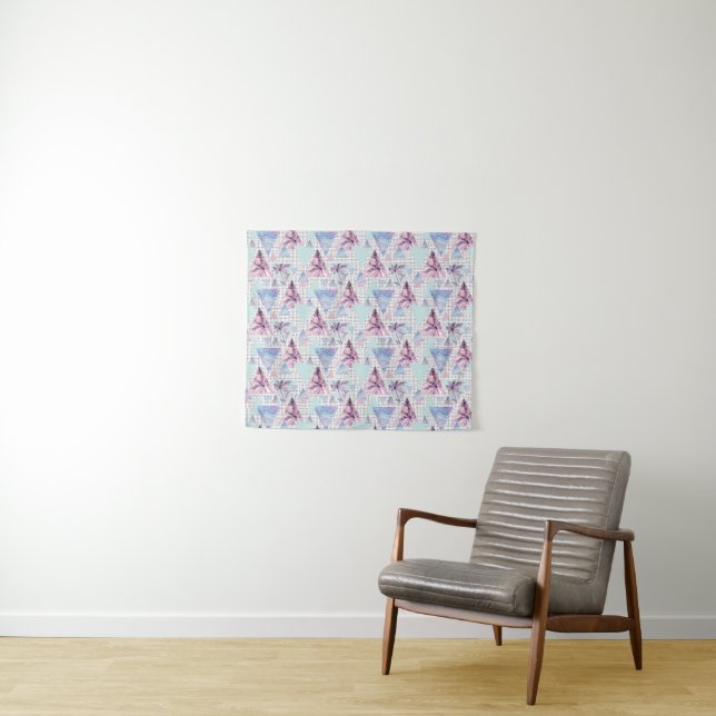 Watercolor Pink & Blue Palm Tree Pattern Tapestry (In Situ (Horizontal))
