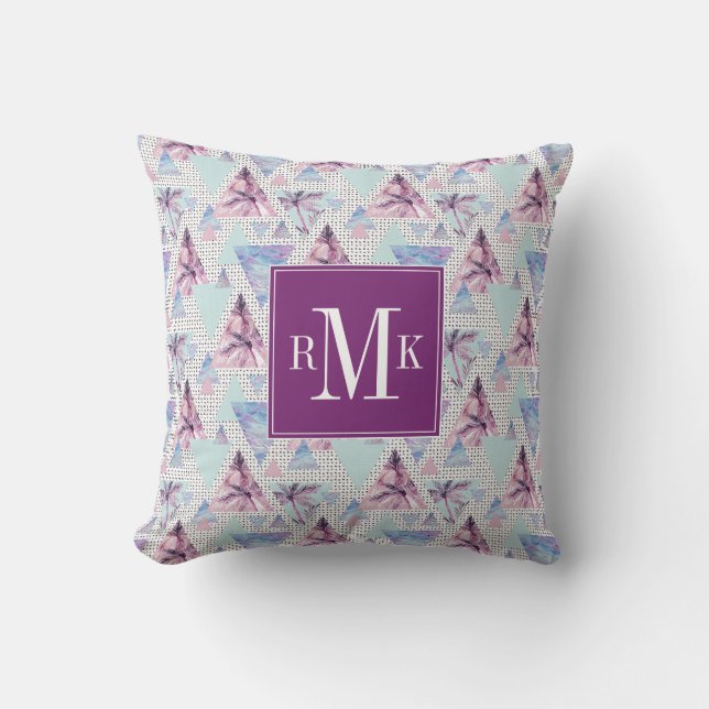 Watercolor Pink & Blue Palm Tree Pattern Throw Pillow (Front)