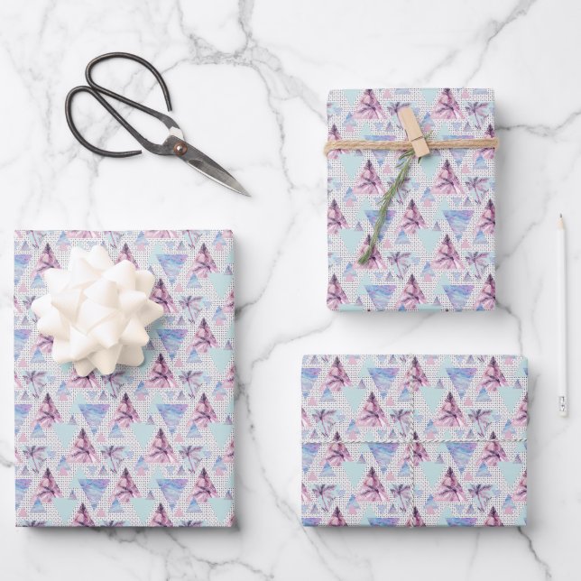 Watercolor Pink & Blue Palm Tree Pattern Wrapping Paper Sheets (Front)