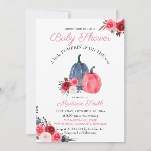 Watercolor Pink Blue Pumpkins Roses  Baby Shower Invitation