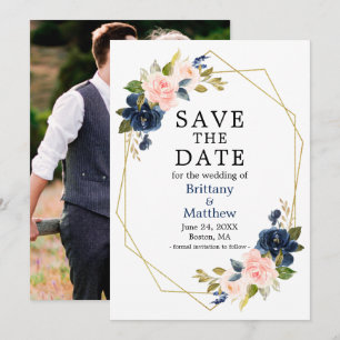 Watercolor Pink Blue Roses Geo Frame Photo Save The Date