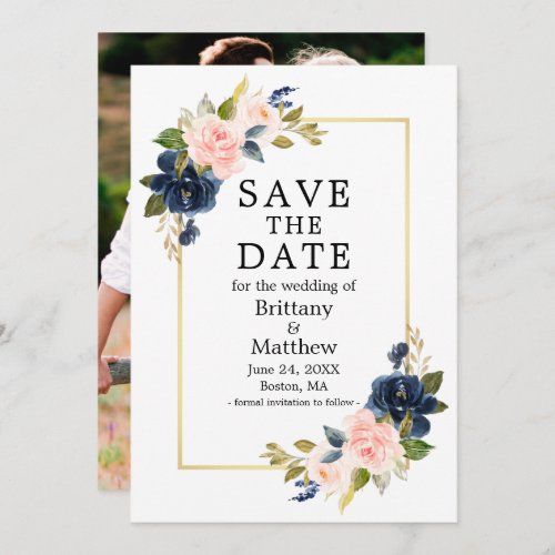 Watercolor Pink Blue Roses Photo Gold Frame Save The Date