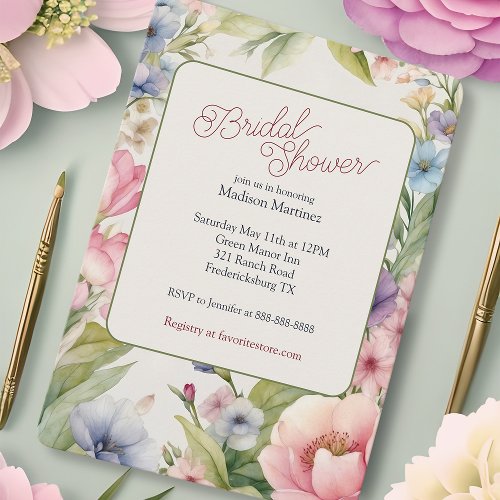 Watercolor Pink Blue Spring Flowers Bridal Shower Invitation