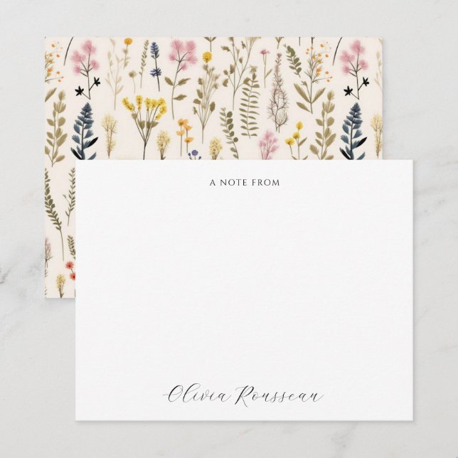 Watercolor Pink Blue Wildflowers Script Note Card (Front/Back)