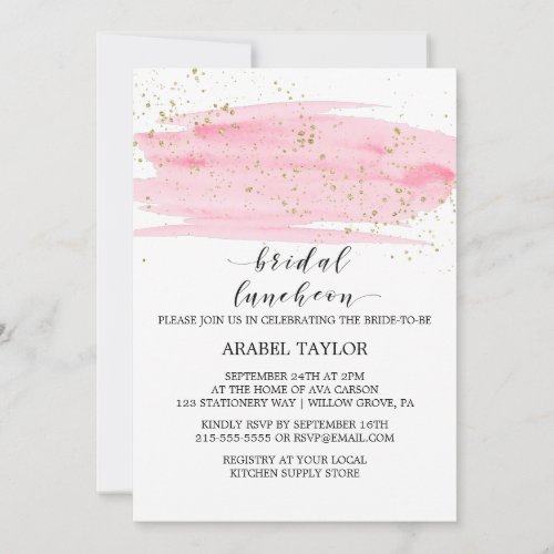 Watercolor Pink Blush and Gold Bridal Luncheon Invitation