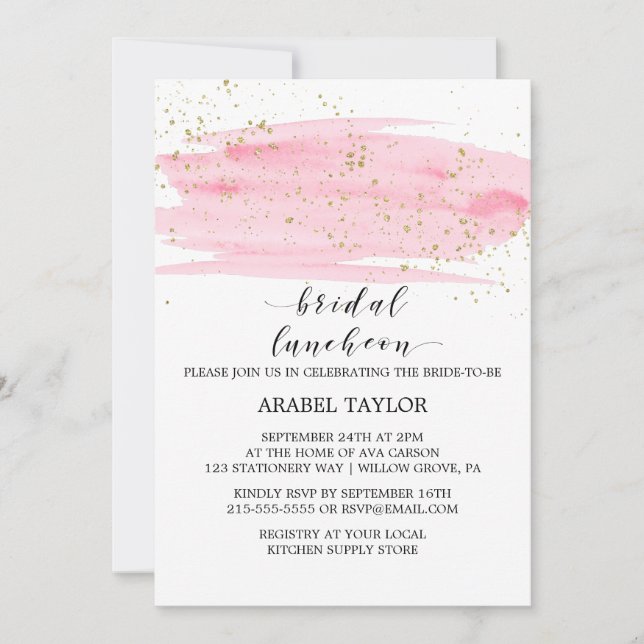 Watercolor Pink Blush and Gold Bridal Luncheon Invitation (Front)