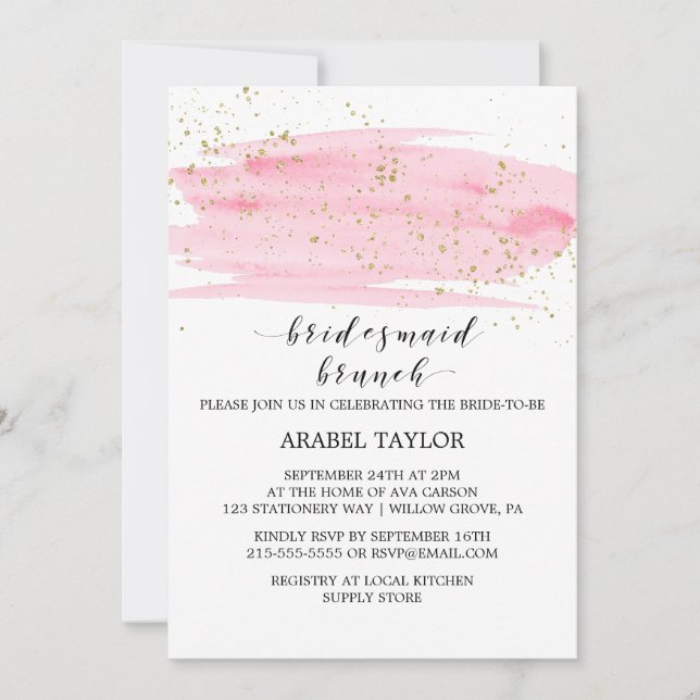 Watercolor Pink Blush and Gold Bridesmaid Brunch Invitation (Front)