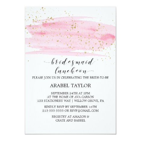 Watercolor Pink Blush and Gold Bridesmaid Luncheon Card