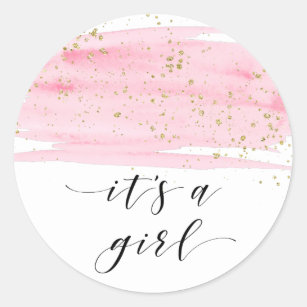 Watercolor Pink Blush and Gold Sparkle It's A Girl Classic Round Sticker