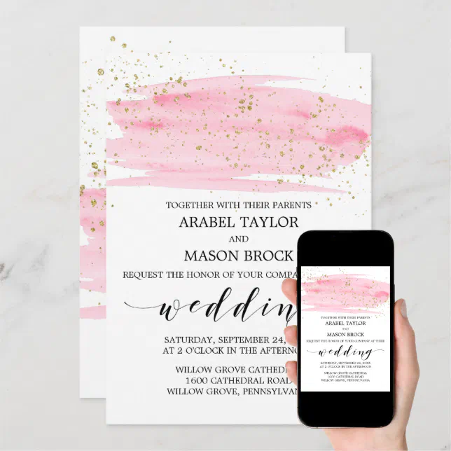 Watercolor Pink Blush and Gold Sparkle Wedding Invitation | Zazzle