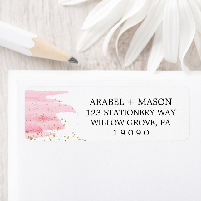 Watercolor Pink Blush and Gold Sparkle Wedding Label (Insitu)