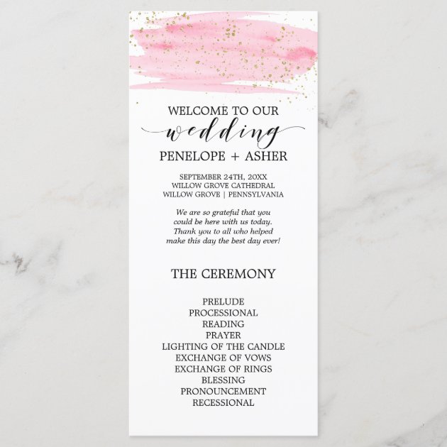 Watercolor Pink Blush And Gold Wedding Program