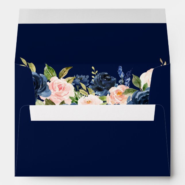 Watercolor Pink Blush Blue Floral Wedding Blue Envelope (Back (Bottom))