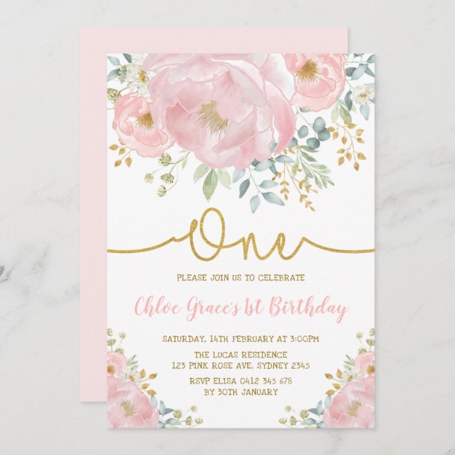 Watercolor Pink Blush Floral 1st Birthday Party Invitation (Front/Back)