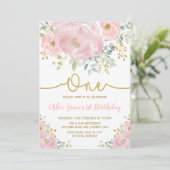 Watercolor Pink Blush Floral 1st Birthday Party Invitation (Standing Front)
