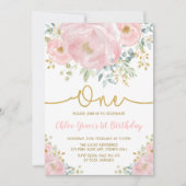 Watercolor Pink Blush Floral 1st Birthday Party Invitation (Front)