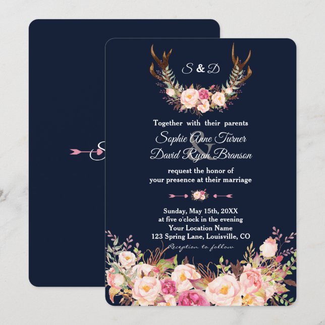 Watercolor Pink Blush Floral Antlers Navy Wedding Invitation (Front/Back)