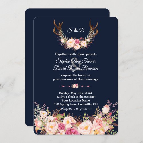 Watercolor Pink Blush Floral Antlers Navy Wedding Invitation