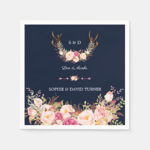 Watercolor Pink Blush Floral Antlers Wedding Napkins