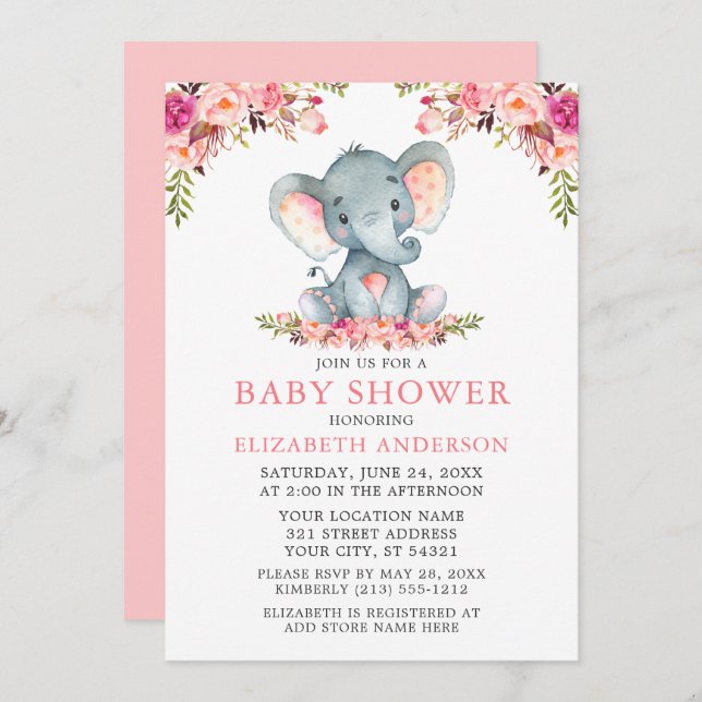 Watercolor Pink Blush Floral Baby Shower Elephant Invitation (Front/Back)