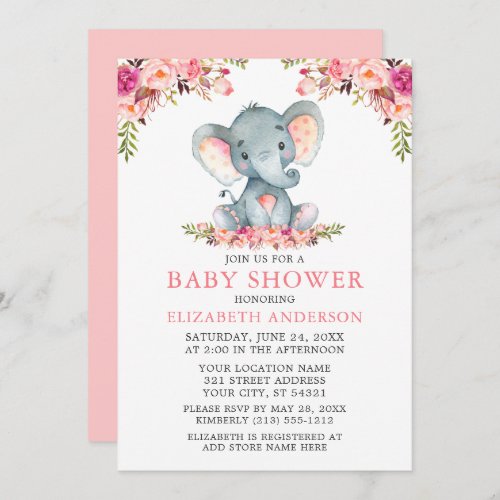 Watercolor Pink Blush Floral Baby Shower Elephant Invitation