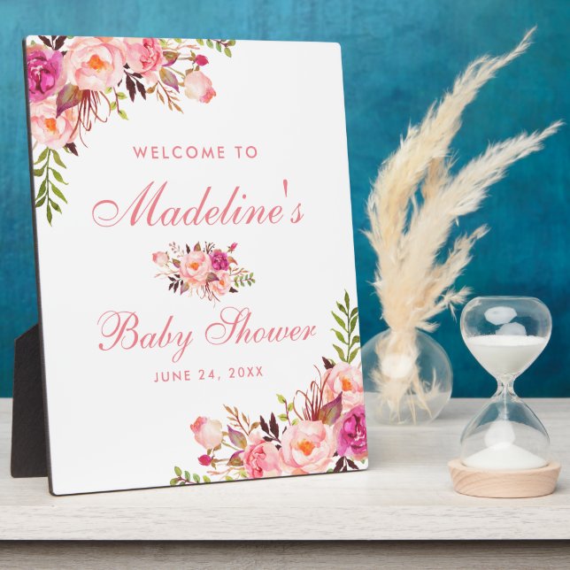 Watercolor Pink Blush Floral Baby Shower Welcome Plaque (Side)