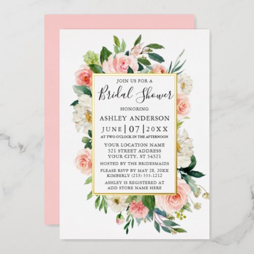 Watercolor Pink Blush Floral Bridal Shower Gold Foil Invitation