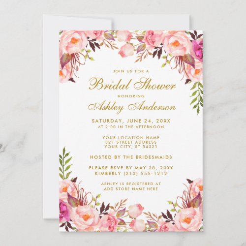 Watercolor Pink Blush Floral Bridal Shower Gold Invitation