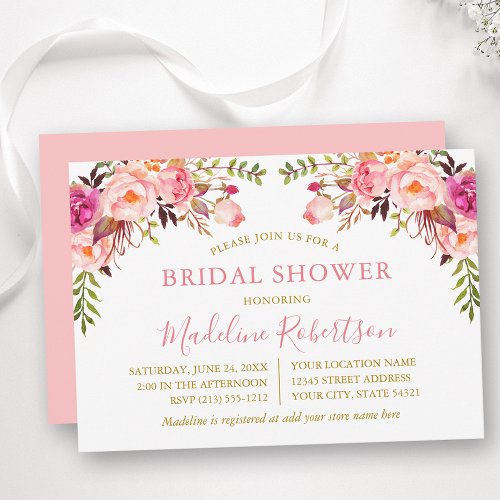 Watercolor Pink Blush Floral Bridal Shower Gold Invitation