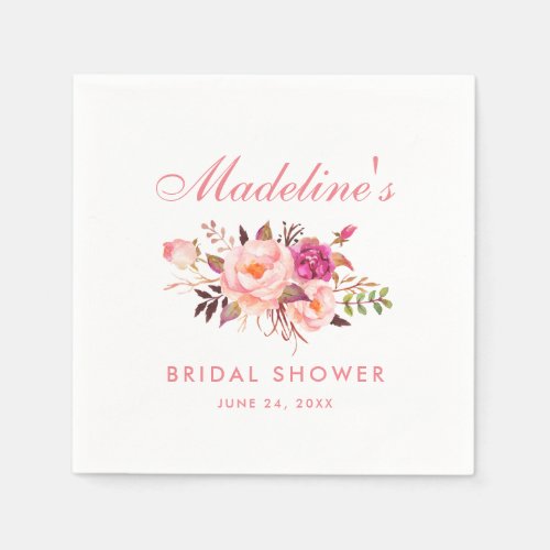 Watercolor Pink Blush Floral Bridal Shower Paper Napkins