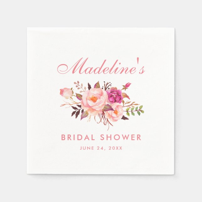 Watercolor Pink Blush Floral Bridal Shower Paper Napkins (Front)