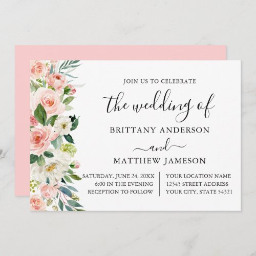Watercolor Pink Blush Floral Calligraphy Wedding  Invitation