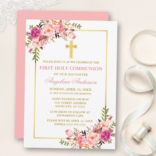 Watercolor Pink Blush Floral Communion Gold