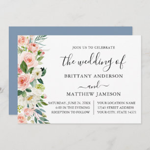 Watercolor Pink Blush Floral Dusty Blue Wedding Invitation
