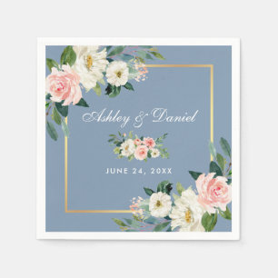 Watercolor Pink Blush Floral Dusty Blue Wedding Napkins