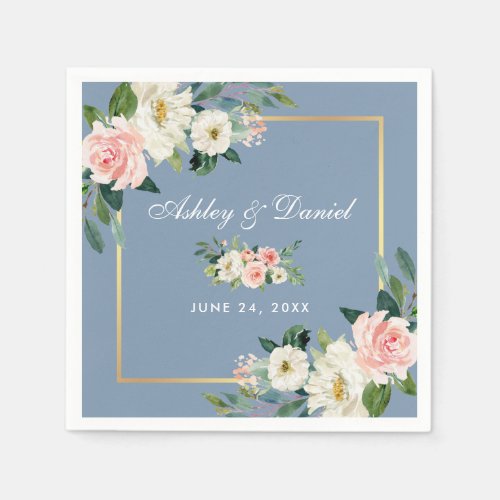 Watercolor Pink Blush Floral Dusty Blue Wedding Napkins