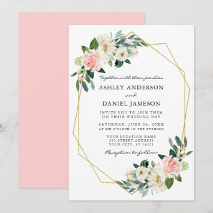Watercolor Pink Blush Floral Elegant Gold Frame Invitation