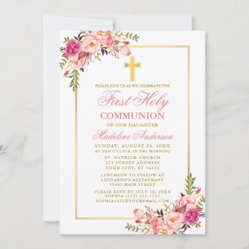 Watercolor Pink Blush Floral First Communion Gold Invitation