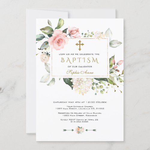 Watercolor Pink Blush Floral Frame Cross Baptism Invitation