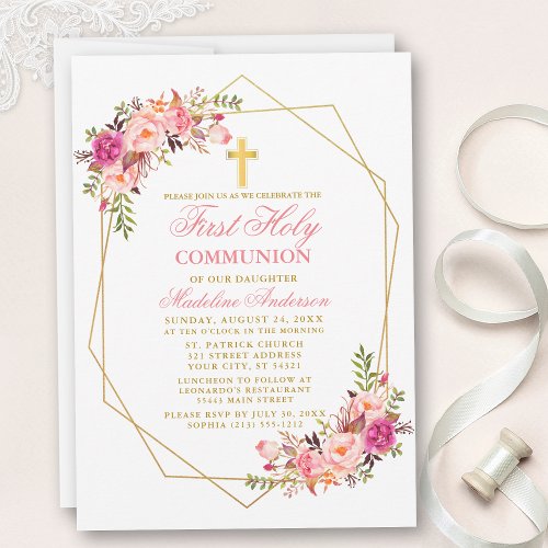 Watercolor Pink Blush Floral Geo Frame Communion Invitation